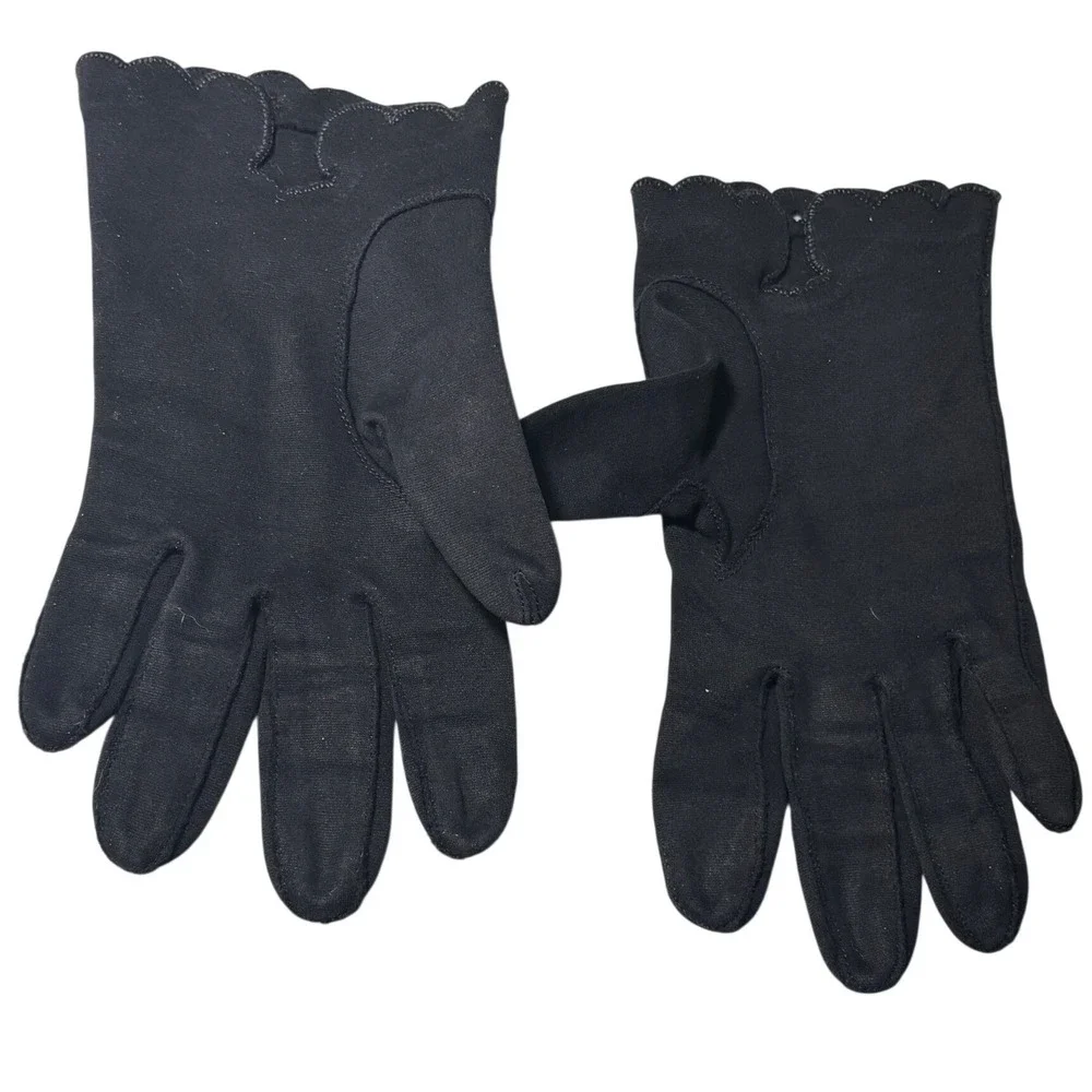 VTG Black Crescendoe Gloves Scalloped Eyelet Wrist Length Size 7